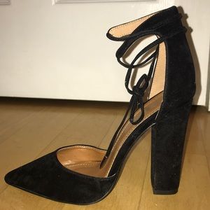 Velvet Point Toe Block Heel Pump with Ankle Tie